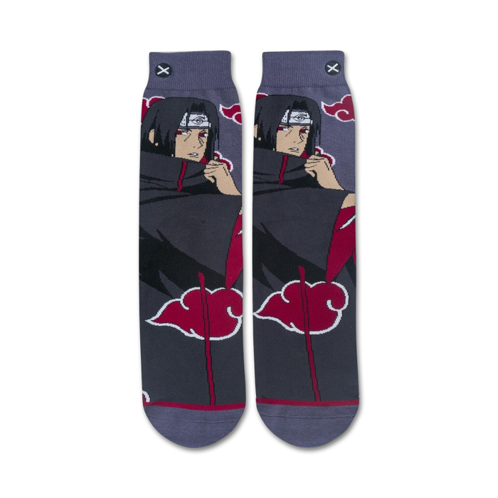 A pair of gray socks with a design of Itachi Uchiha from the anime series Naruto. The socks have a red and black cloud pattern on the leg and a black toe and heel.