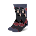 Pair of crew socks featuring Itachi Uchiha from Naruto in shades of gray, black, and red.  The design includes his signature red cloud symbol.