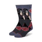 Pair of crew socks featuring Itachi Uchiha from Naruto in shades of gray, black, and red.  The design includes his signature red cloud symbol.