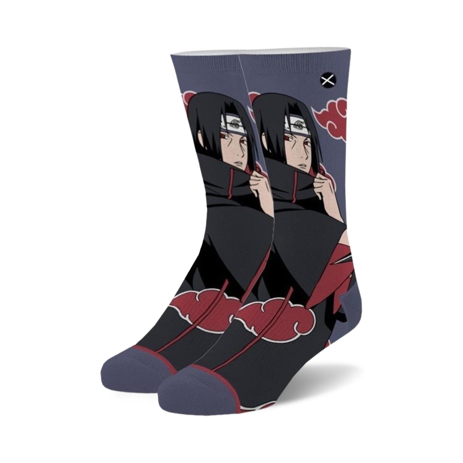 Pair of crew socks featuring Itachi Uchiha from Naruto in shades of gray, black, and red.  The design includes his signature red cloud symbol.