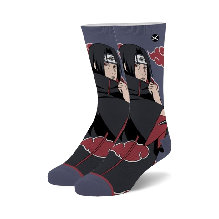  black and gray crew socks with a pattern of itachi from naruto.  