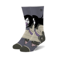 Pair of crew socks featuring Orochimaru from Naruto.  The socks are predominantly gray and beige, with an illustration of Orochimaru and snakes.