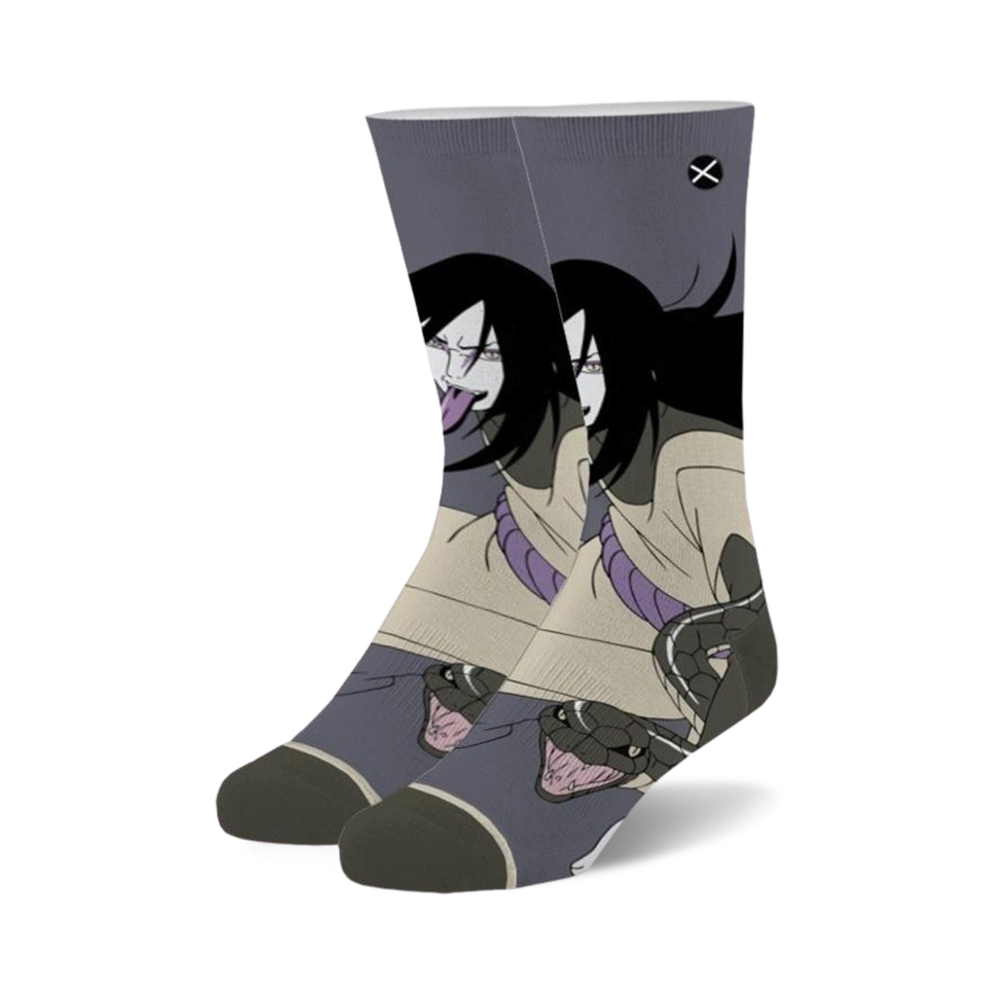 Pair of crew socks featuring Orochimaru from Naruto.  The socks are predominantly gray and beige, with an illustration of Orochimaru and snakes.