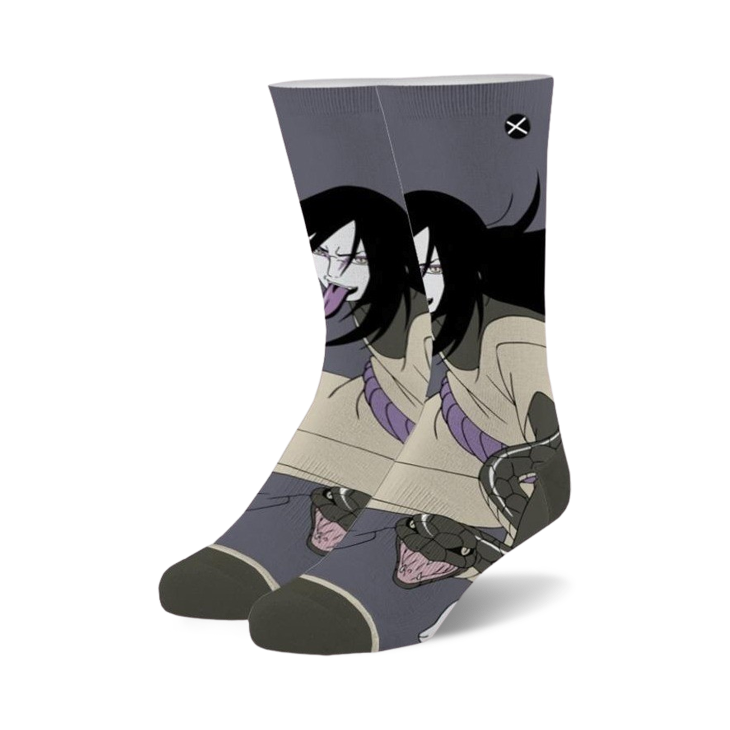 Pair of crew socks featuring Orochimaru from Naruto.  The socks are predominantly gray and beige, with an illustration of Orochimaru and snakes.