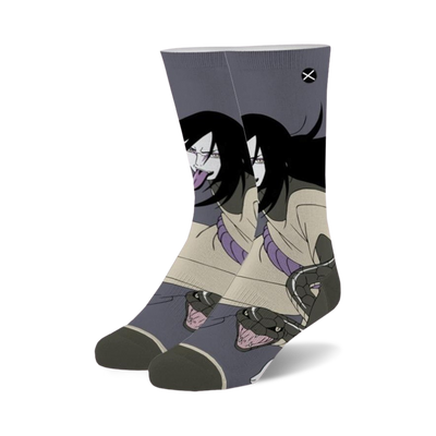 black and gray crew socks feature a pattern of orochimaru from naruto.   