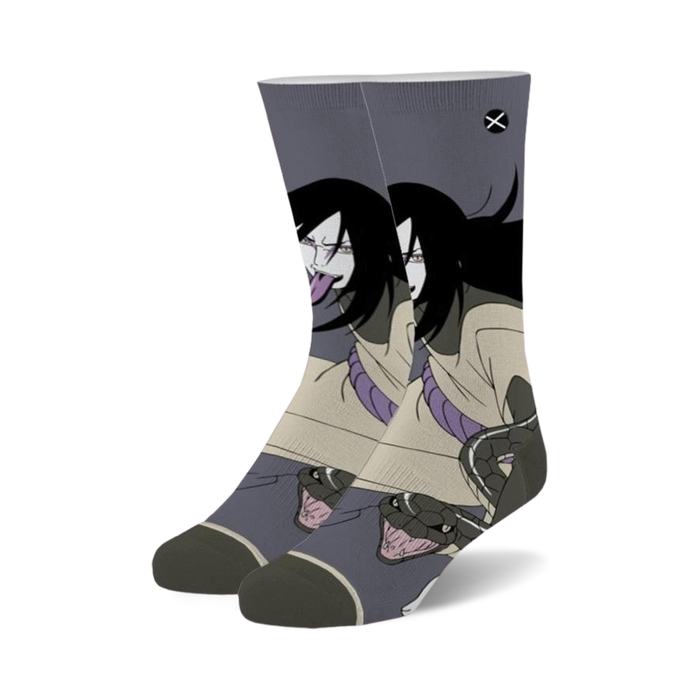 black and gray crew socks feature a pattern of orochimaru from naruto.    }}