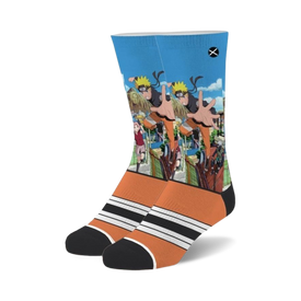 blue and orange crew socks featuring characters from the popular anime series naruto.   