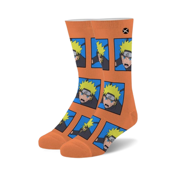 orange crew socks with close-up patterns of naruto uzumaki from the anime naruto for men and women   