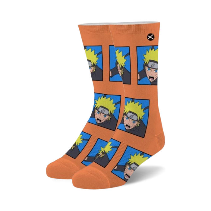 orange crew socks with close-up patterns of naruto uzumaki from the anime naruto for men and women    }}