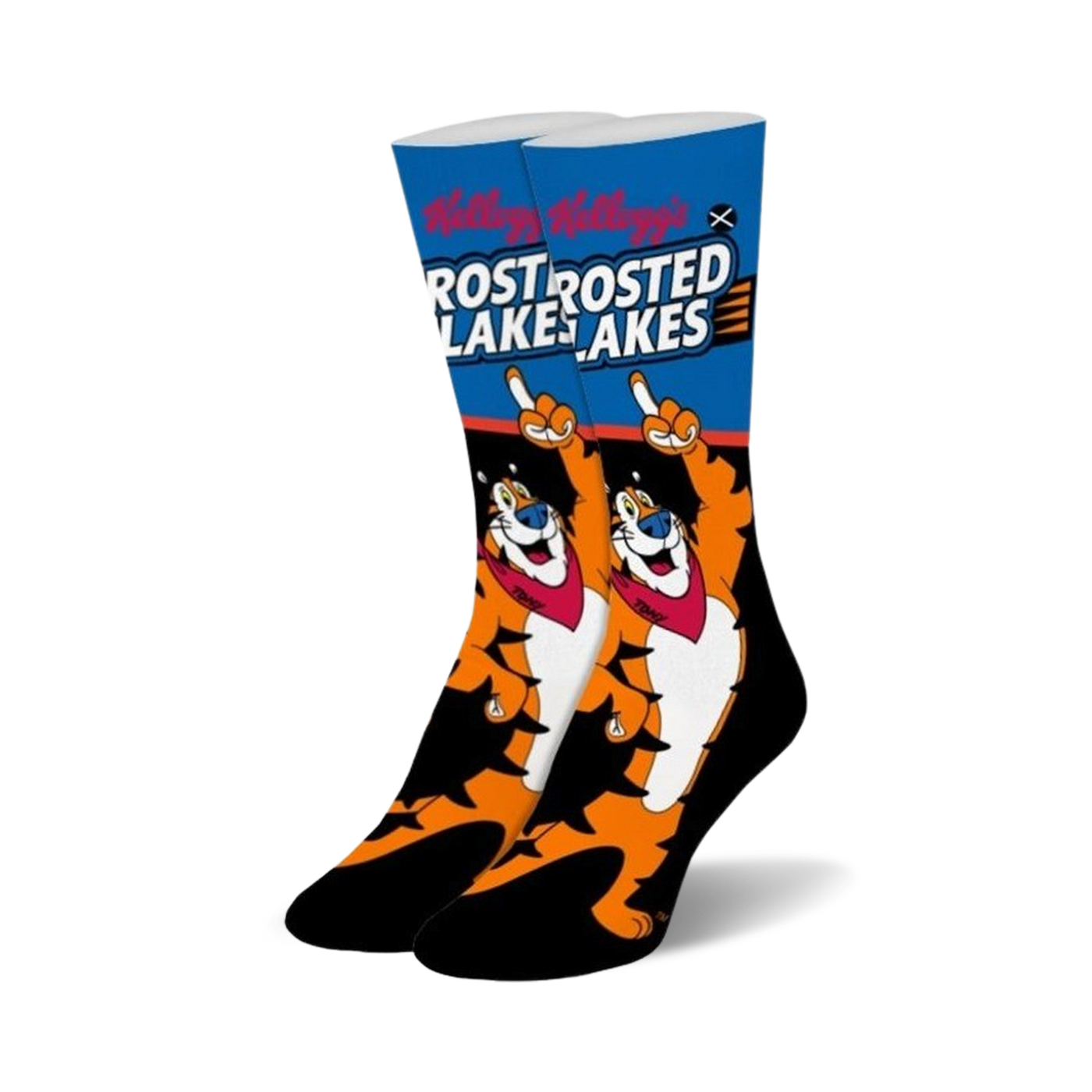 Pair of Frosted Flakes crew socks.  Features Tony the Tiger, orange and black stripes, and blue background.