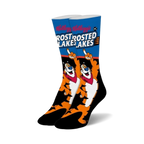 Pair of Frosted Flakes crew socks.  Features Tony the Tiger, orange and black stripes, and blue background.