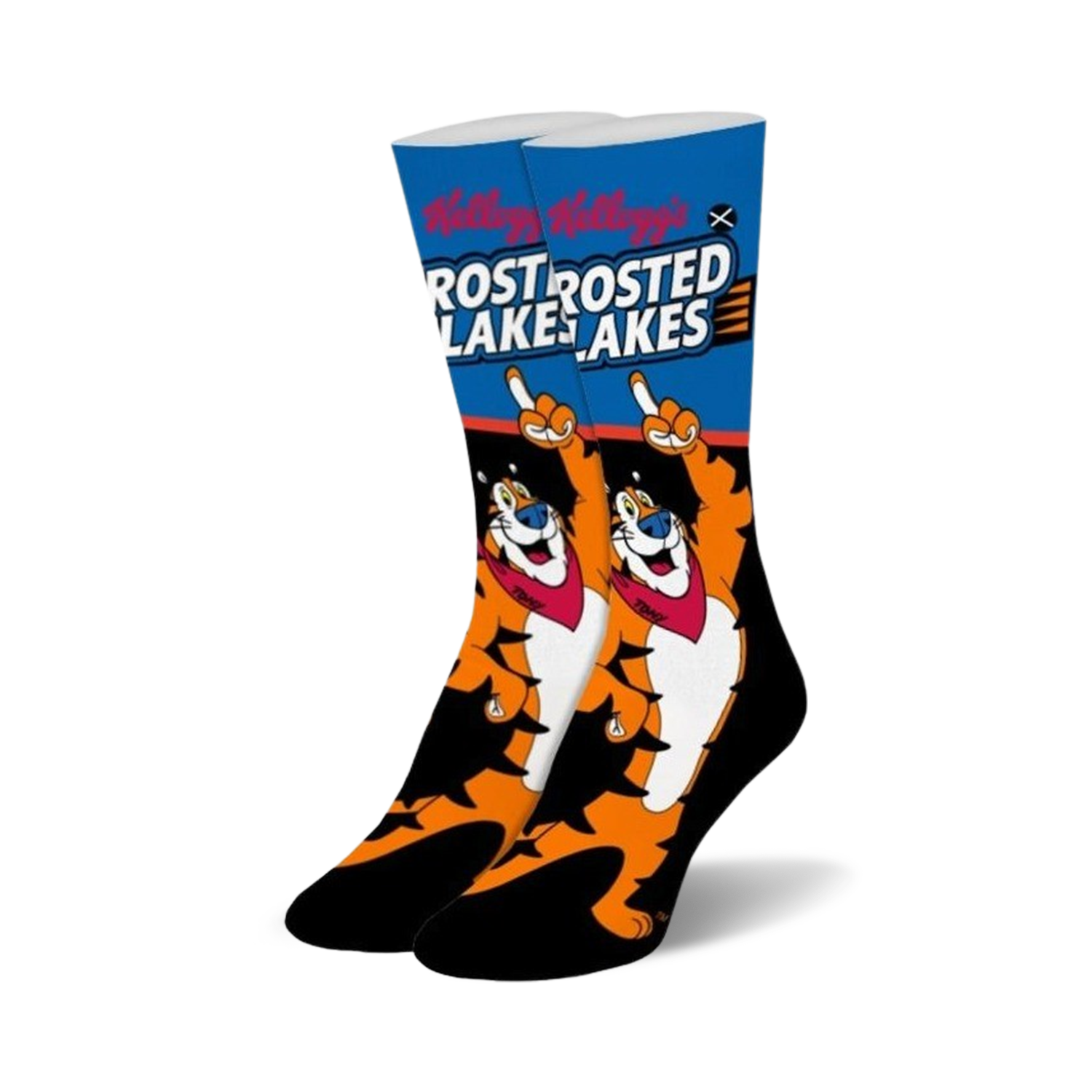 Pair of Frosted Flakes crew socks.  Features Tony the Tiger, orange and black stripes, and blue background.