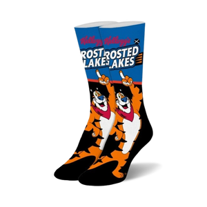 black crew socks with all-over print of frosted flakes mascot tony the tiger.  