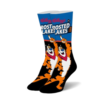black crew socks with all-over print of frosted flakes mascot tony the tiger.  