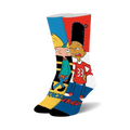 A pair of crew socks featuring Hey Arnold! characters Arnold and Gerald.  The socks are predominantly yellow, blue, and red.