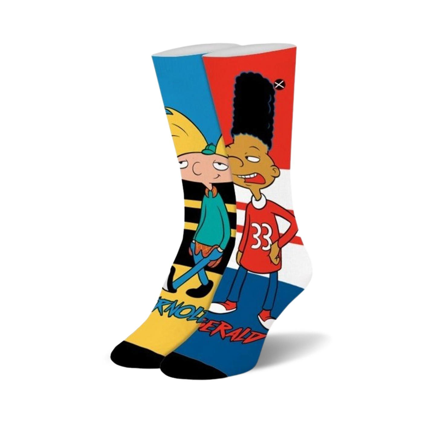 A pair of crew socks featuring Hey Arnold! characters Arnold and Gerald.  The socks are predominantly yellow, blue, and red.