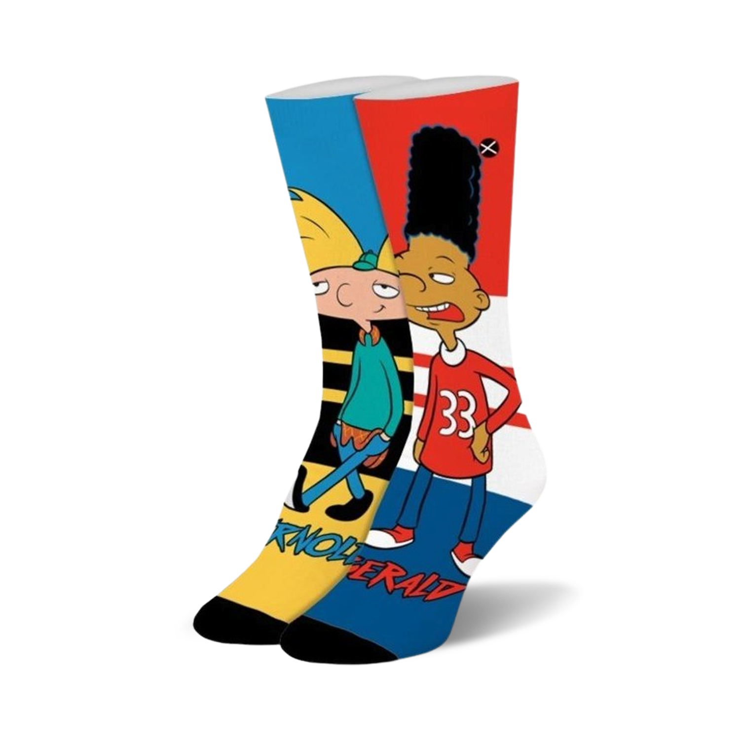 A pair of crew socks featuring Hey Arnold! characters Arnold and Gerald.  The socks are predominantly yellow, blue, and red.