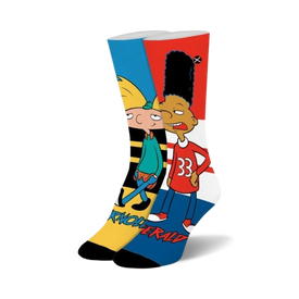 blue and yellow cartoon crew socks for women. featuring arnold and gerald from hey arnold!.  