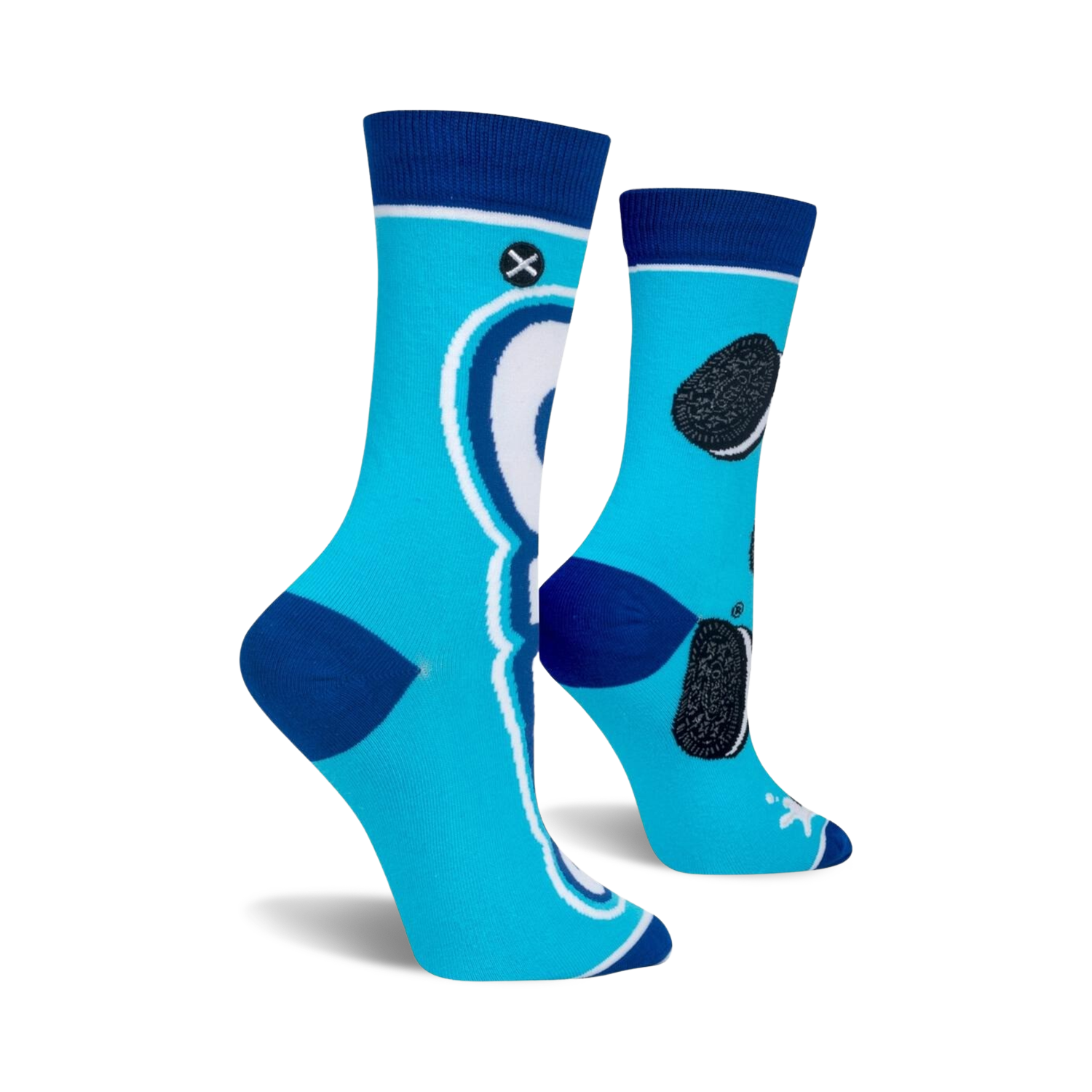 Close-up view of a pair of Oreo-themed socks, showcasing the detailed cookie and milk design.
