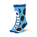 Pair of crew socks in teal blue, featuring a graphic design of Oreo cookies and the Oreo logo. 
