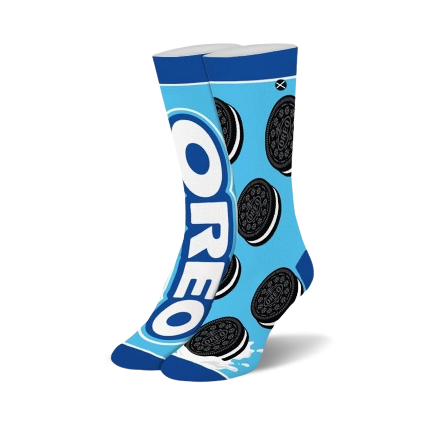Pair of crew socks in teal blue, featuring a graphic design of Oreo cookies and the Oreo logo. 