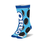 Pair of crew socks in teal blue, featuring a graphic design of Oreo cookies and the Oreo logo. 