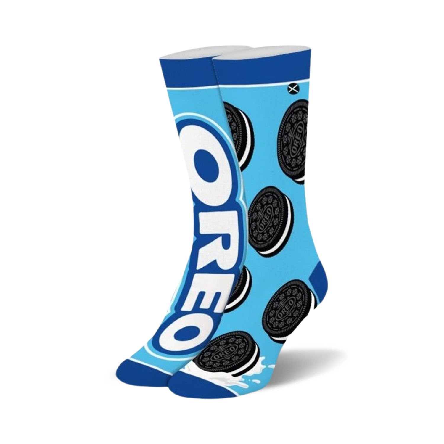 Pair of crew socks in teal blue, featuring a graphic design of Oreo cookies and the Oreo logo. 