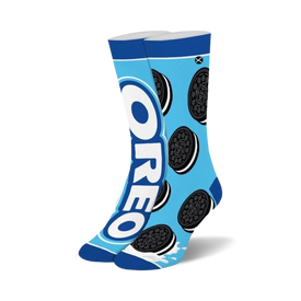 socks, blue color, oreo cookie pattern, crew length, for women.   
