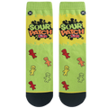 Flat lay showcasing the full design of the Sour Patch Kids socks, highlighting the lime green color and candy details.