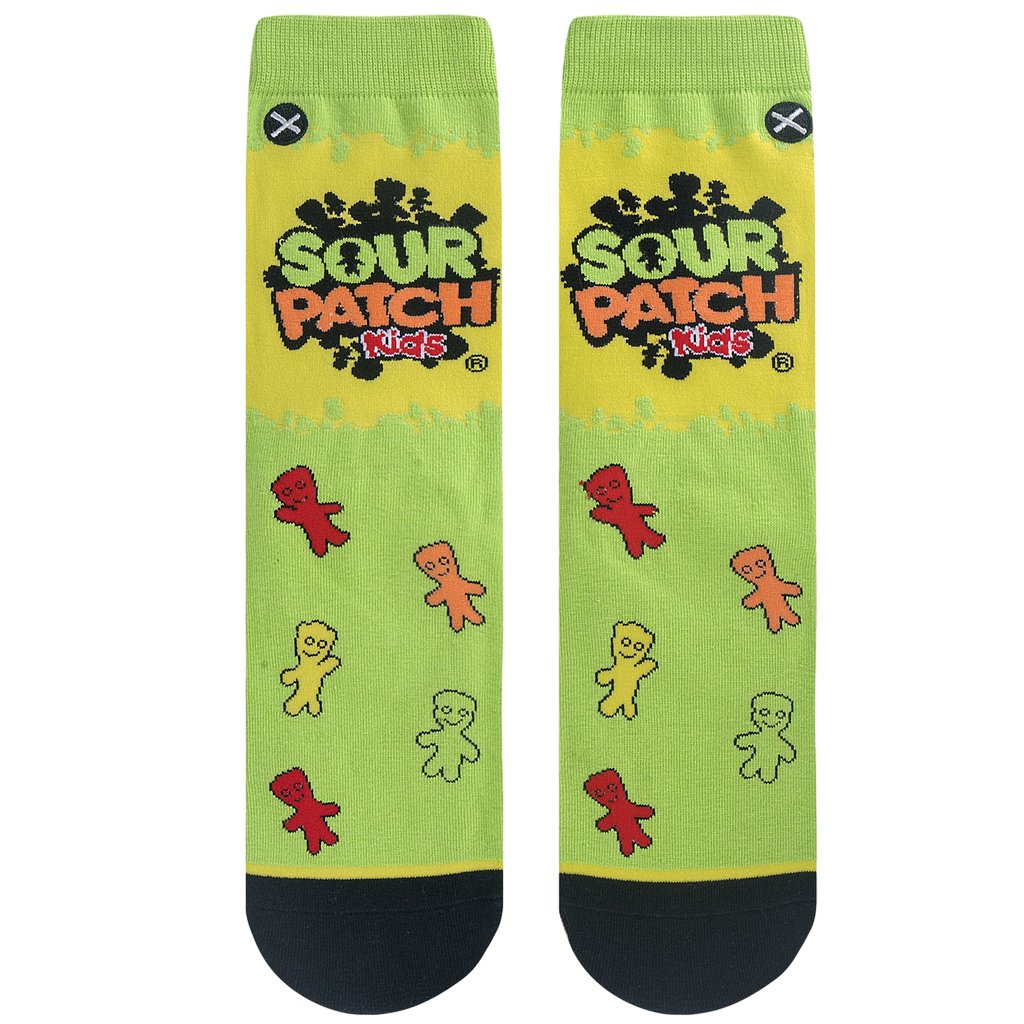 Flat lay showcasing the full design of the Sour Patch Kids socks, highlighting the lime green color and candy details.