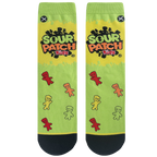 Flat lay showcasing the full design of the Sour Patch Kids socks, highlighting the lime green color and candy details.