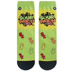 Flat lay showcasing the full design of the Sour Patch Kids socks, highlighting the lime green color and candy details.