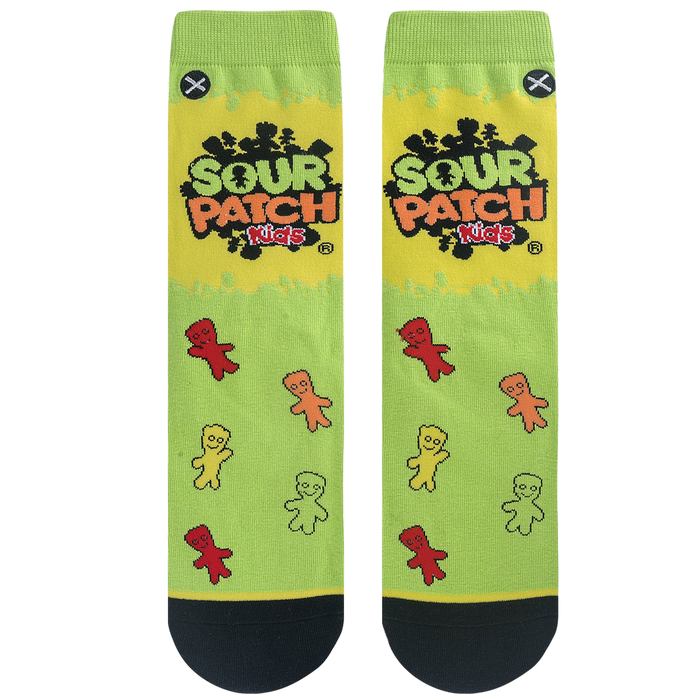 Flat lay showcasing the full design of the Sour Patch Kids socks, highlighting the lime green color and candy details.
