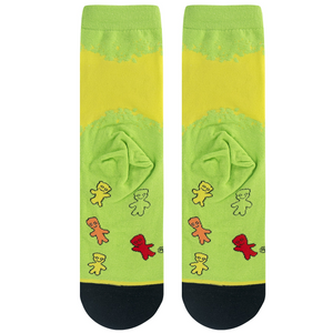 Flat lay of two Sour Patch Kids crew socks, reverse view, showing candy figures on the lime green background.
