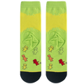 Close-up shot of the Sour Patch Kids socks, focusing on the detailed gummy candy characters on a lime green background.