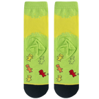 Close-up shot of the Sour Patch Kids socks, focusing on the detailed gummy candy characters on a lime green background.