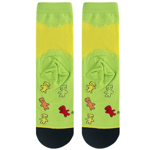 Close-up shot of the Sour Patch Kids socks, focusing on the detailed gummy candy characters on a lime green background.