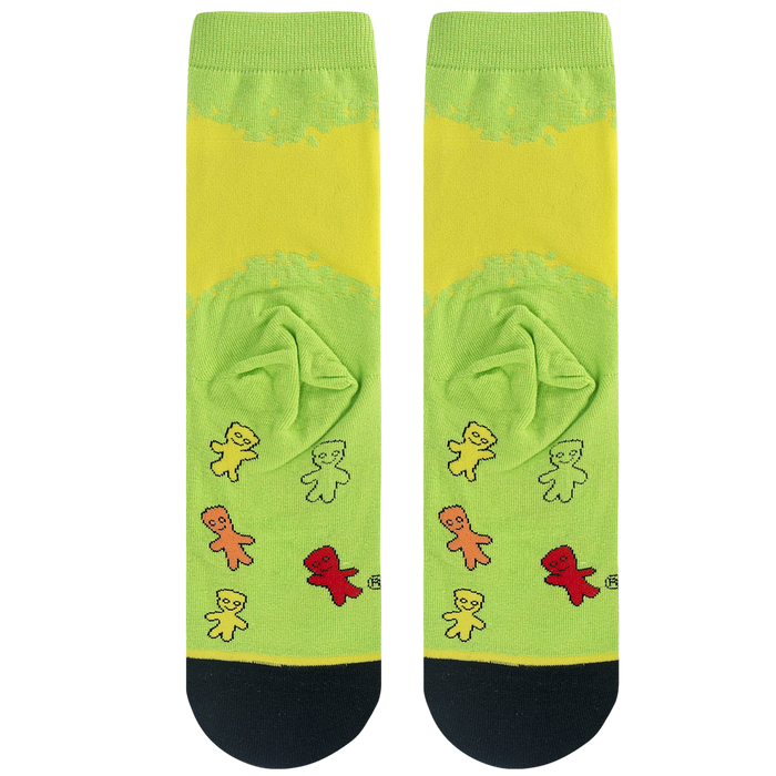 Close-up shot of the Sour Patch Kids socks, focusing on the detailed gummy candy characters on a lime green background.