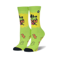 Pair of women's crew socks in lime green.  Features Sour Patch Kids logo and scattered gummy character designs.