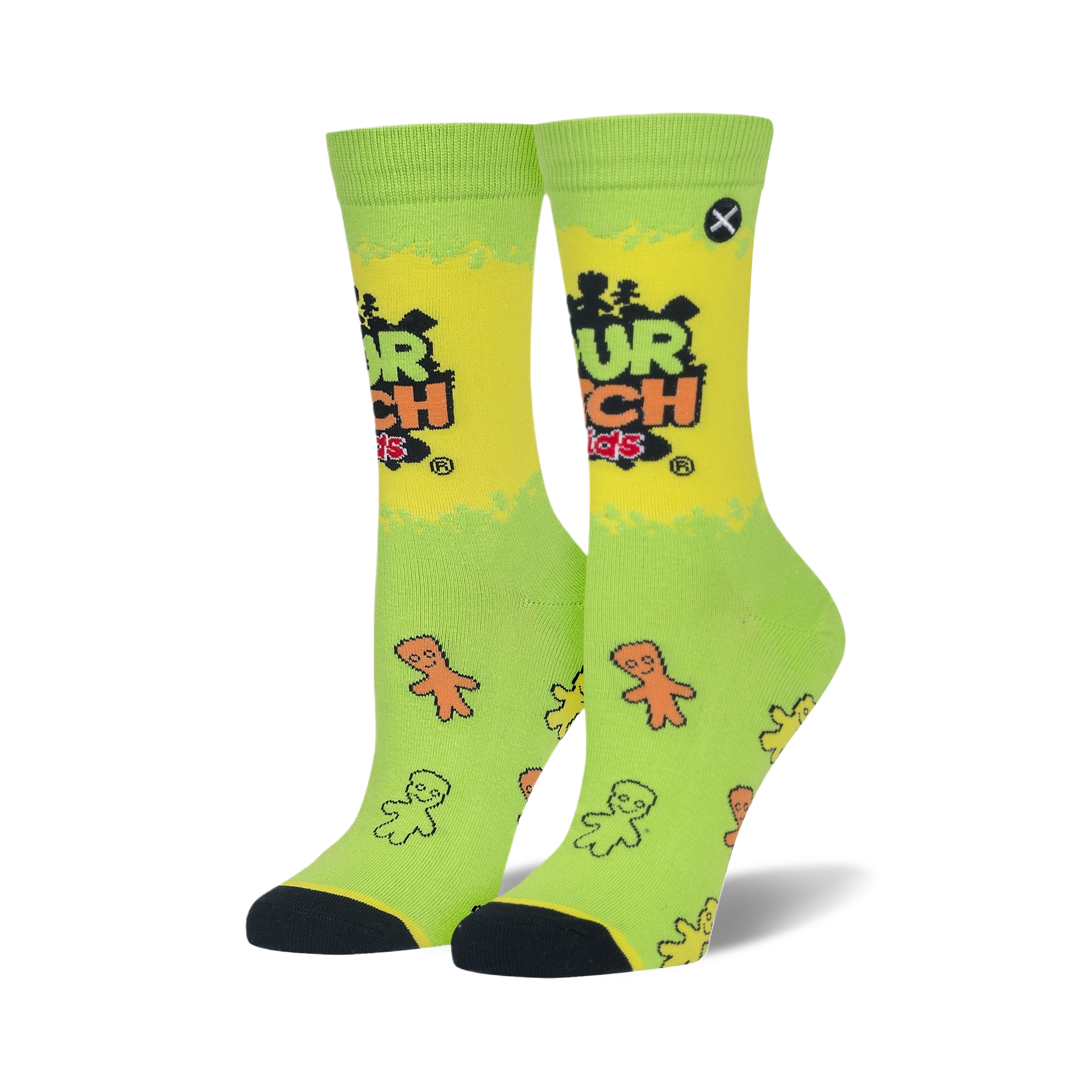 Pair of women's crew socks in lime green.  Features Sour Patch Kids logo and scattered gummy character designs.
