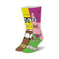 Crew socks featuring SpongeBob and Patrick wearing glasses. Yellow, pink, and green colors dominate the design.  'SpongeBob' and 'Patrick' are written on the socks.