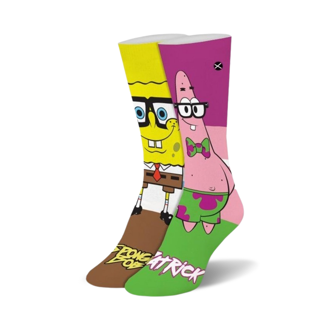 Crew socks featuring SpongeBob and Patrick wearing glasses. Yellow, pink, and green colors dominate the design.  'SpongeBob' and 'Patrick' are written on the socks.