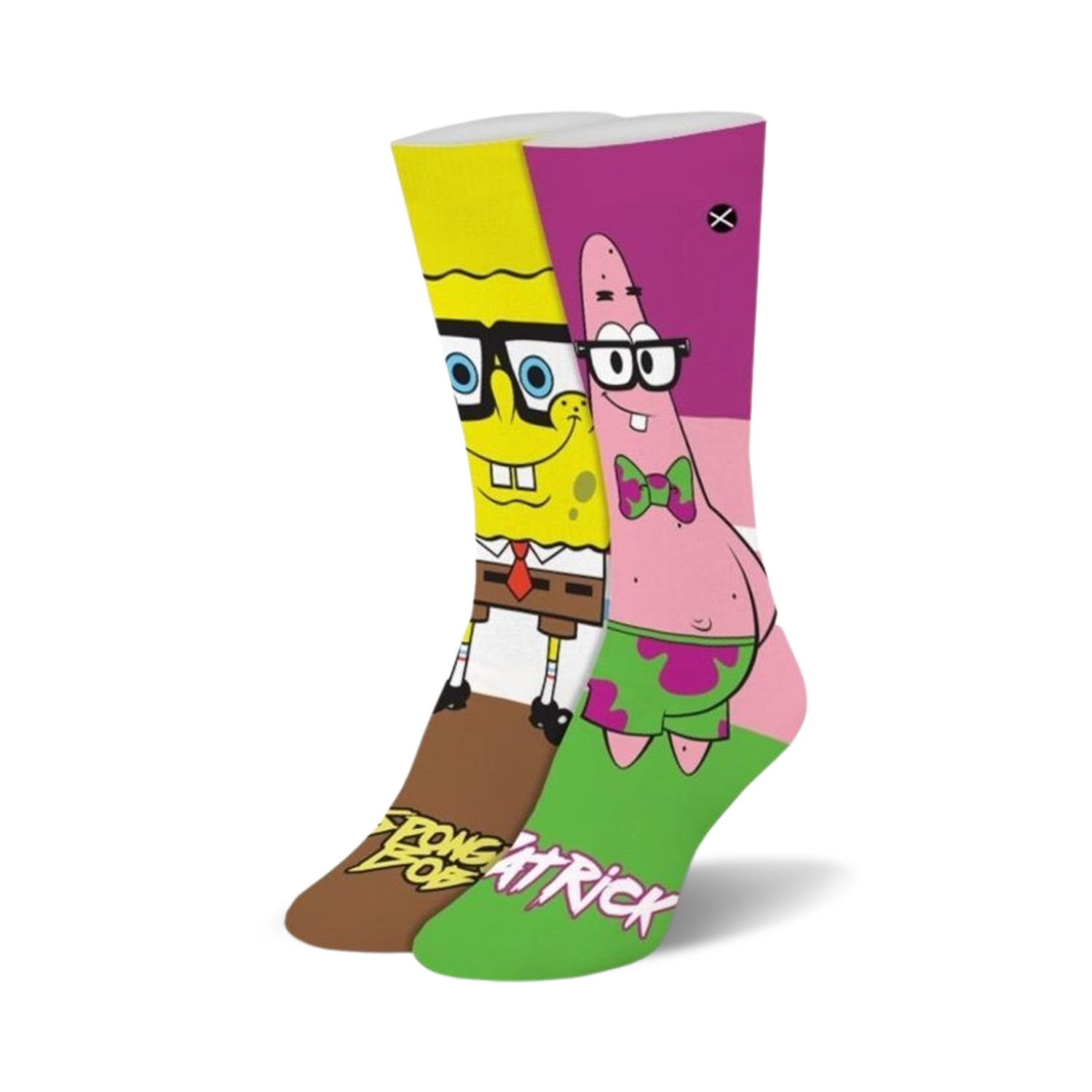 Crew socks featuring SpongeBob and Patrick wearing glasses. Yellow, pink, and green colors dominate the design.  'SpongeBob' and 'Patrick' are written on the socks.