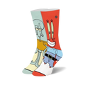 Pair of crew socks featuring Squidward and Mr. Krabs from SpongeBob.  Light blue, orange, and yellow colors.