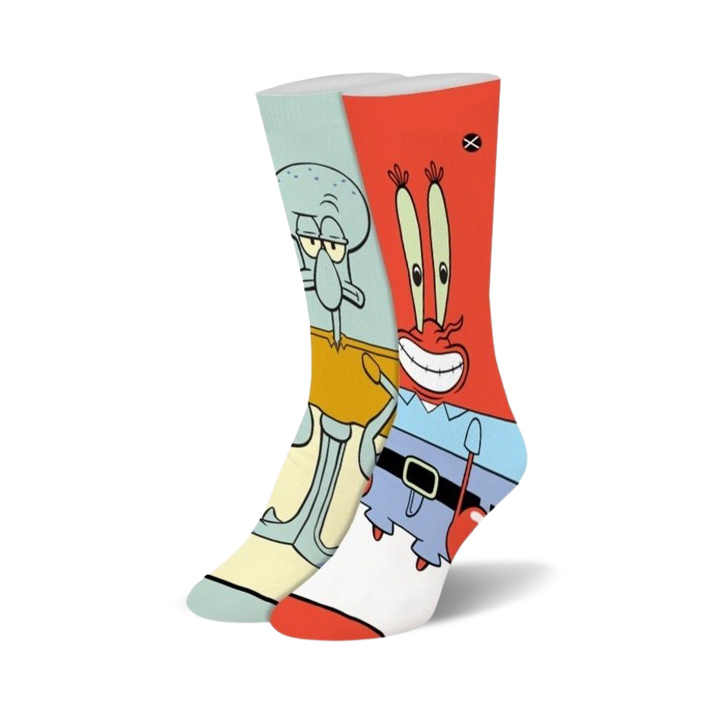 Pair of crew socks featuring Squidward and Mr. Krabs from SpongeBob.  Light blue, orange, and yellow colors.