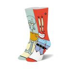 Pair of crew socks featuring Squidward and Mr. Krabs from SpongeBob.  Light blue, orange, and yellow colors.