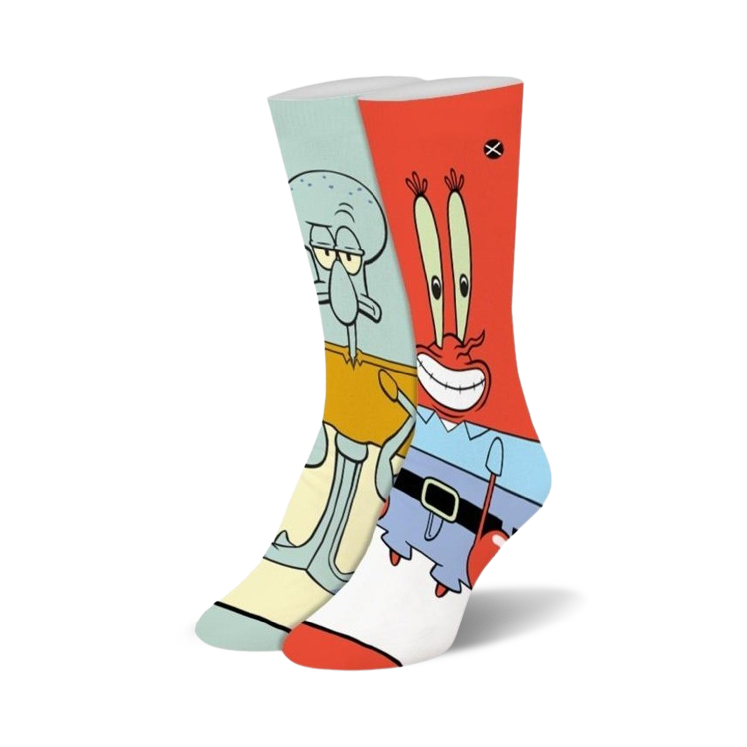 Pair of crew socks featuring Squidward and Mr. Krabs from SpongeBob.  Light blue, orange, and yellow colors.