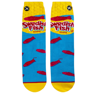 Flat lay product shot of a pair of Swedish Fish socks, showcasing the full design.