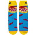 Flat lay product shot of a pair of Swedish Fish socks, showcasing the full design.