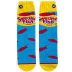 Flat lay product shot of a pair of Swedish Fish socks, showcasing the full design.